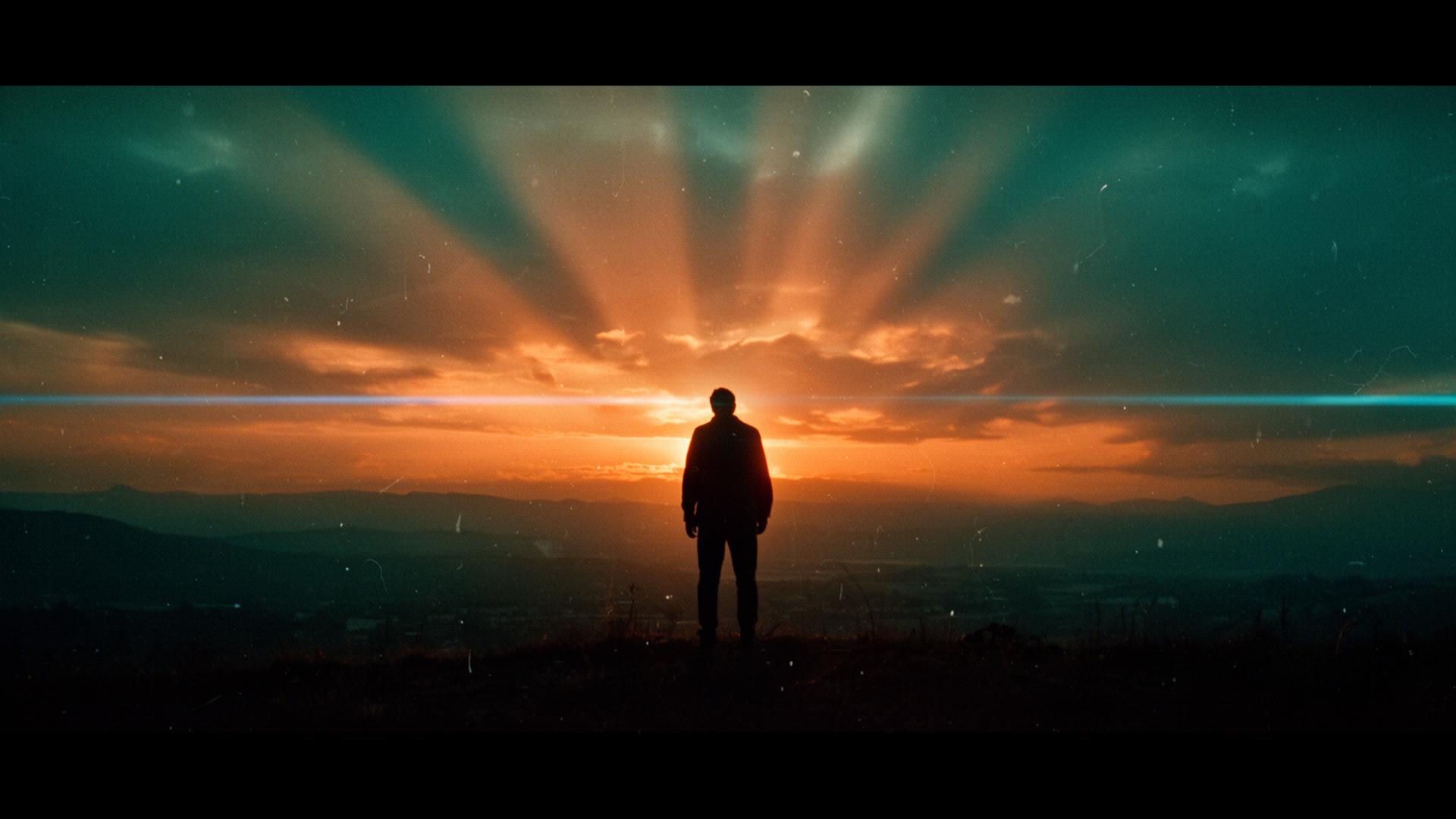 Cinematic still — silhouette against a sunset